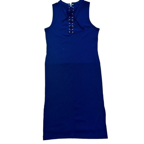 X BY GOTTEX Navy Blue Ribbed Sleeveless Lace Up Shift Midi Dress Size L - Picture 9 of 12